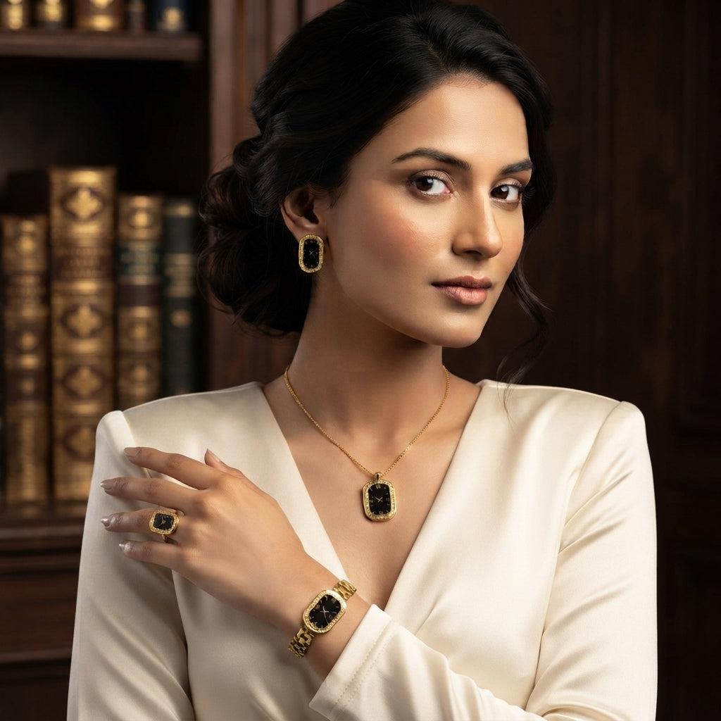 Gold Black Enamel Roman Numeral Clock Face 4-Piece Jewelry Set worn by model in white satin blazer with dark wood library backdrop showing micro-pave CZ pendant necklace open frame stud earrings CZ cocktail ring and president-link cuff bracelet all in black enamel stadium clock face design