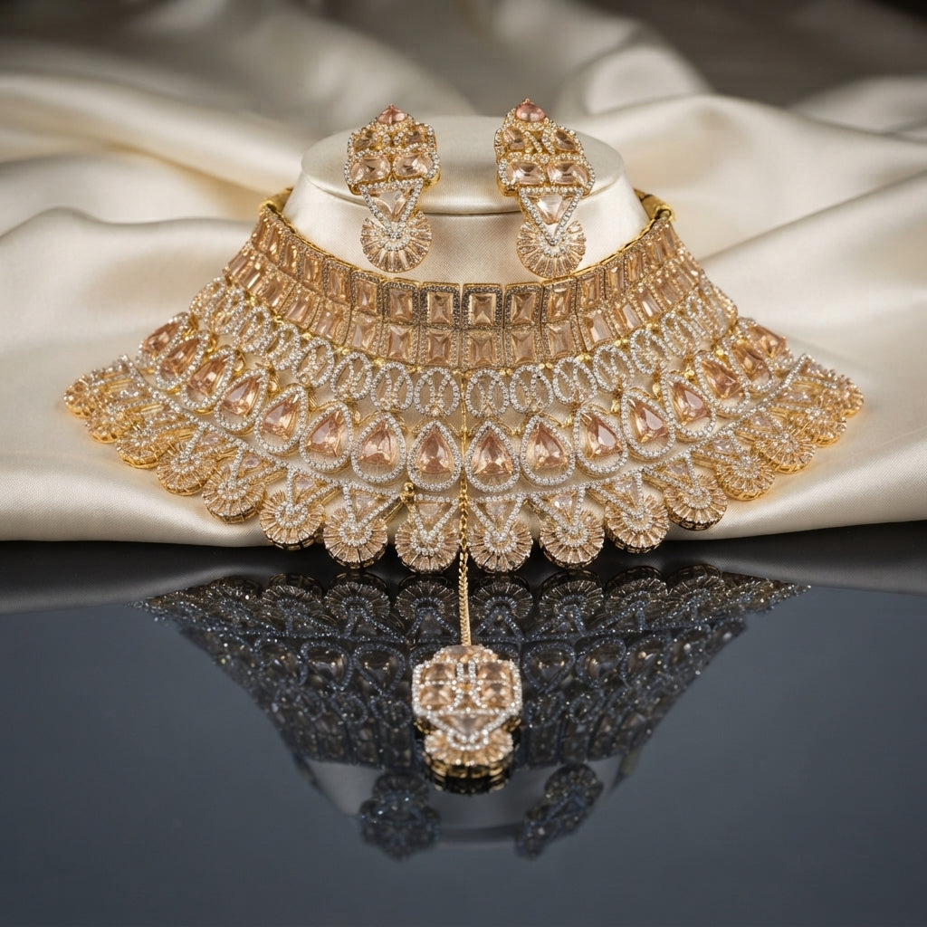 Gold Champagne CZ Grand Pear Lattice Baguette Choker Earrings and Maang Tikka Bridal Set on ivory satin display stand with dark mirror surface showing 22K gold-tone wide choker with champagne CZ cushion baguette top band pear lattice arches fan filigree fringe matching drop earrings and maang tikka