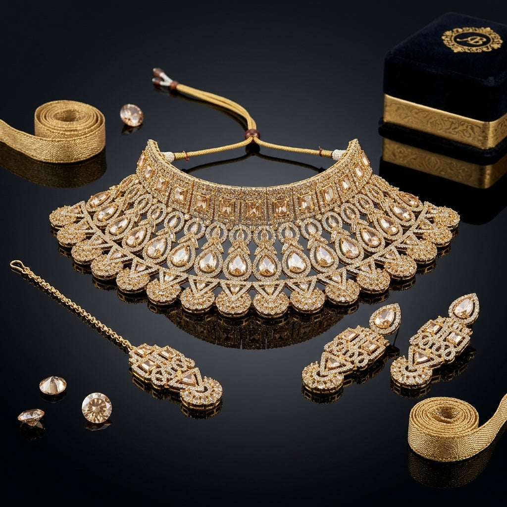 Gold-Tone Champagne CZ Polki Pear & Square Kundan Wide Tiered Scalloped Bib Choker Necklace Drop Earrings & Maang Tikka 3-Piece Bridal Set on black mirror surface with loose champagne CZ stones, gold ribbon and navy blue velvet jewelry box backdrop