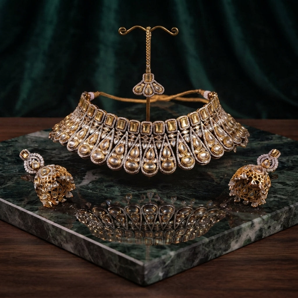 22K Gold-Tone Champagne Emerald-Cut CZ & Pear Polki Kundan Tiered Scalloped Bib Choker Necklace Gold Filigree Sphere Jhumka Earrings & Maang Tikka 3-Piece Bridal Set on green marble tray with dark green velvet drape backdrop