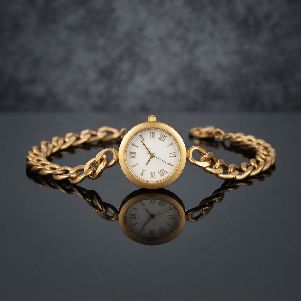 Gold Cuban Link Chain Bracelet Watch in 18K gold-tone PVD stainless steel on dark grey mirror surface with grey bokeh backdrop showing bold Cuban curb link chain bracelet with smooth round polished gold-tone watch case and decorative white Roman numeral watch-face dial sticker with gold-tone hands and mirror reflection below