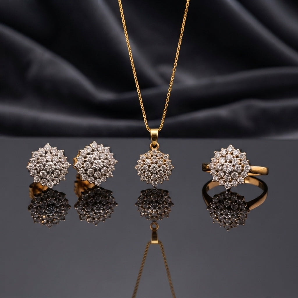 Gold CZ Cluster Dome 3-Piece Jewelry Set in Crystal Clear showing pendant necklace on gold cable chain stud earrings and adjustable ring all with fully domed crystal clear white CZ stone cluster in gold-tone prong setting on dark mirror surface with dark silk backdrop