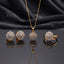 Gold CZ Cluster Dome 3-Piece Jewelry Set in Crystal Clear showing pendant necklace on gold cable chain stud earrings and adjustable ring all with fully domed crystal clear white CZ stone cluster in gold-tone prong setting on dark mirror surface with dark silk backdrop