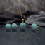 Gold CZ Cluster Dome 3-Piece Jewelry Set in Turquoise showing pendant necklace on gold cable chain stud earrings and adjustable ring all with fully domed turquoise round cabochon stone cluster in gold-tone prong setting on grey mirror surface with grey silk backdrop