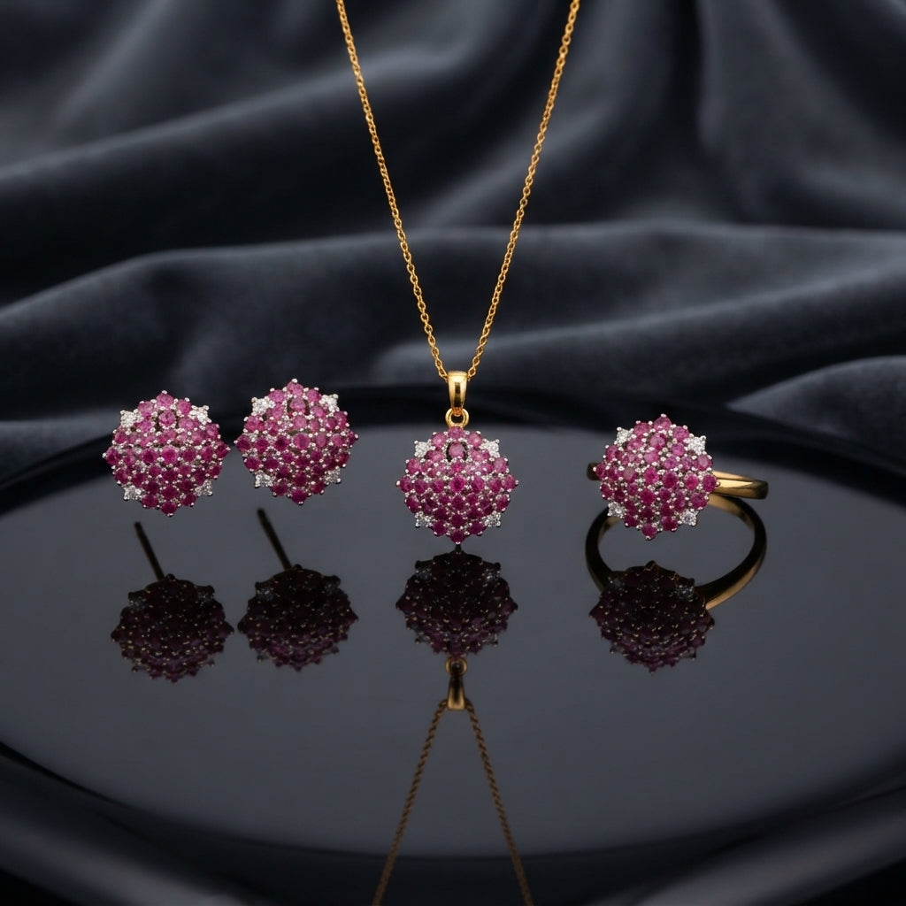 Gold CZ Cluster Dome 3-Piece Jewelry Set in Multicolor showing pendant necklace on gold cable chain stud earrings and adjustable ring all with fully domed mixed multicolor CZ stone cluster in gold-tone prong setting on dark mirror surface with dark silk backdrop