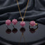 Gold CZ Cluster Dome 3-Piece Jewelry Set in Multicolor showing pendant necklace on gold cable chain stud earrings and adjustable ring all with fully domed mixed multicolor CZ stone cluster in gold-tone prong setting on dark mirror surface with dark silk backdrop