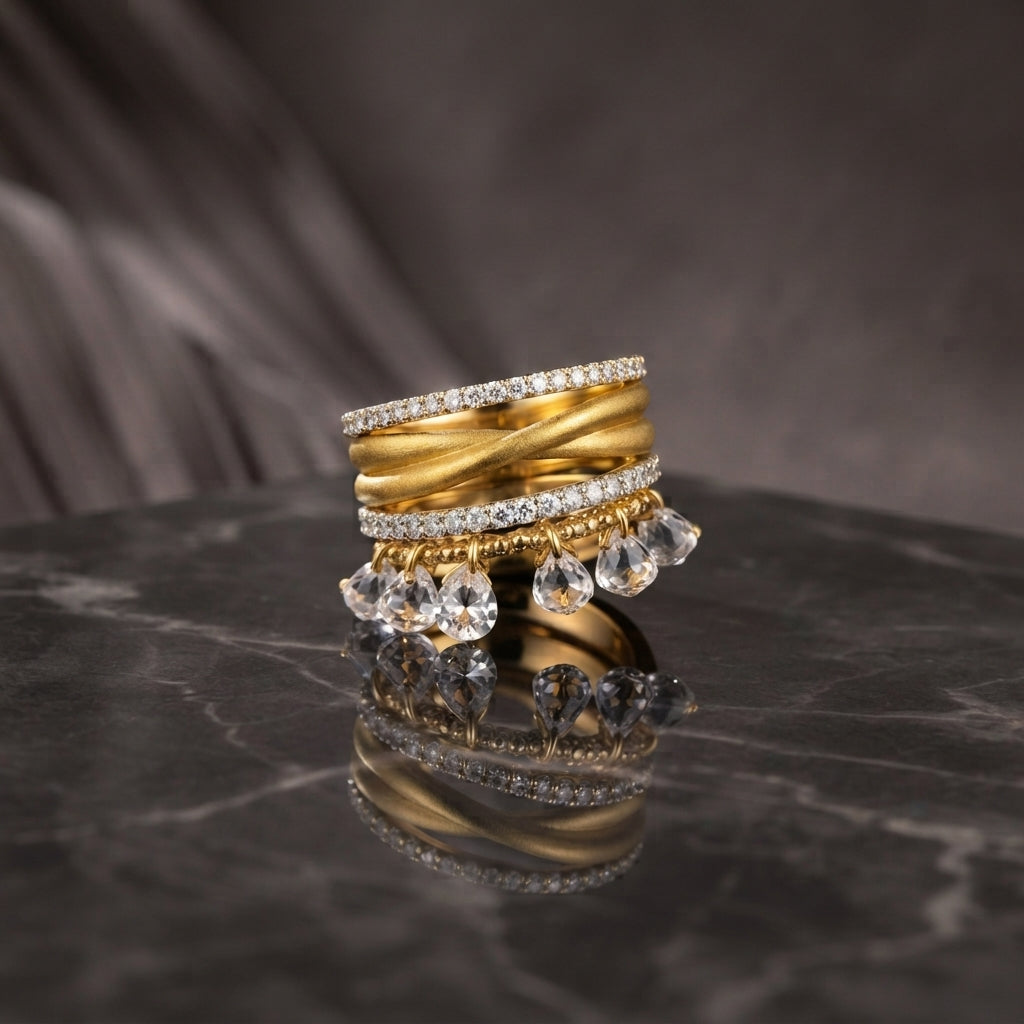 Gold CZ Eternity Twist Band Teardrop Charm 4-Piece Stackable Ring Set side angle view on black marble surface with grey silk backdrop showing layered stack detail of micro-pave CZ eternity bands matte brushed twist band and teardrop CZ briolette charm drops with mirror reflection below