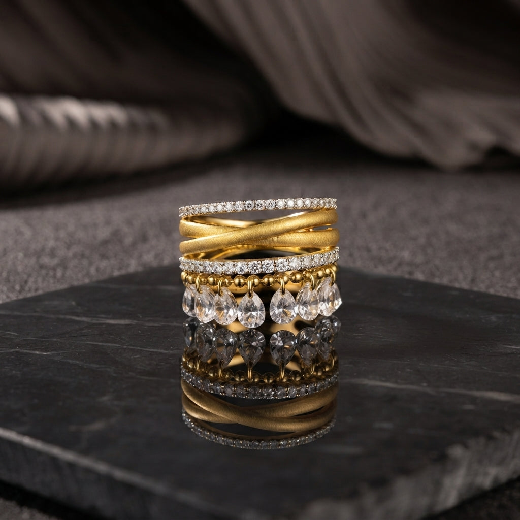 Gold CZ Eternity Twist Band Teardrop Charm 4-Piece Stackable Ring Set front view on black marble surface with grey silk backdrop showing four stacked rings including two micro-pave white CZ eternity bands matte brushed gold criss-cross twist wide band and gold ball bead band with five dangling pear teardrop white CZ briolette drops with mirror reflection below