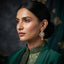 Gold-Tone CZ Pavé Fan & Marquise Leaf Chandelier Drop Earrings worn by model in Pakistani emerald green formal attire with sleek bun hairstyle