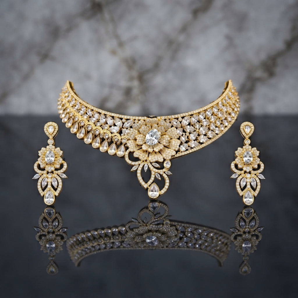 Gold CZ Floral Bloom Crescent Choker and Earrings Bridal Set in Mint Green on dark grey mirror surface with marble backdrop showing wide crescent choker with dense rows of soft sage mint green oval and marquise CZ stones white CZ pear teardrop fringe and large 3D sculptural floral bloom centre with scroll vine arabesque drop and matching 2-tier floral drop earrings with mirror reflection below