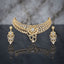 Gold CZ Floral Bloom Crescent Choker and Earrings Bridal Set in Mint Green on dark grey mirror surface with marble backdrop showing wide crescent choker with dense rows of soft sage mint green oval and marquise CZ stones white CZ pear teardrop fringe and large 3D sculptural floral bloom centre with scroll vine arabesque drop and matching 2-tier floral drop earrings with mirror reflection below