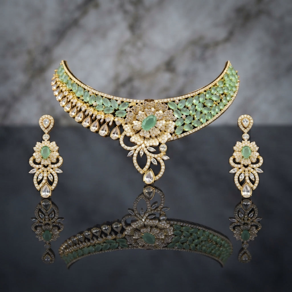 Gold CZ Floral Bloom Crescent Choker and Earrings Bridal Set detail flat lay shot showing the wide crescent choker with dense CZ stone band and large 3D sculptural floral bloom centre with scroll vine arabesque extensions on dark marble surface