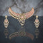 Gold CZ Floral Bloom Crescent Choker and Earrings Bridal Set in Emerald Green on dark grey mirror surface with marble backdrop showing wide crescent choker with dense rows of deep emerald green oval and marquise CZ stones white CZ pear teardrop fringe and large 3D sculptural floral bloom centre with scroll vine arabesque drop and matching 2-tier floral drop earrings with mirror reflection below