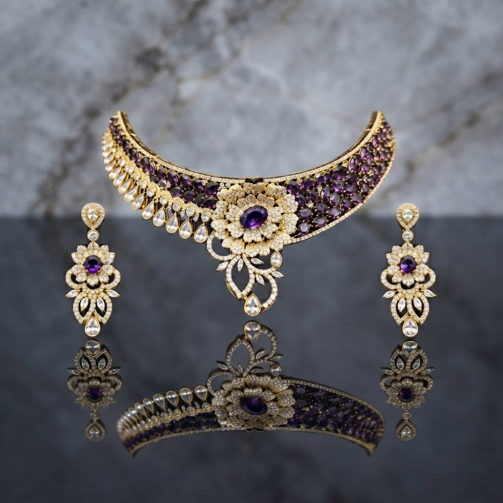 Gold CZ Floral Bloom Crescent Choker and Earrings Bridal Set in Diamond White on dark grey mirror surface with marble backdrop showing wide crescent choker with dense rows of crystal clear all-white CZ oval and marquise stones white CZ pear teardrop fringe and large 3D sculptural floral bloom centre with scroll vine arabesque drop and matching 2-tier floral drop earrings with mirror reflection below