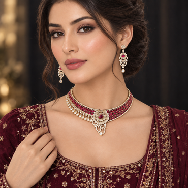 Gold CZ Floral Bloom Crescent Choker and Earrings Bridal Set composite overview showing all five color variants Blush Pink Emerald Green Ruby Red Diamond White and Mint Green side by side on dark background
