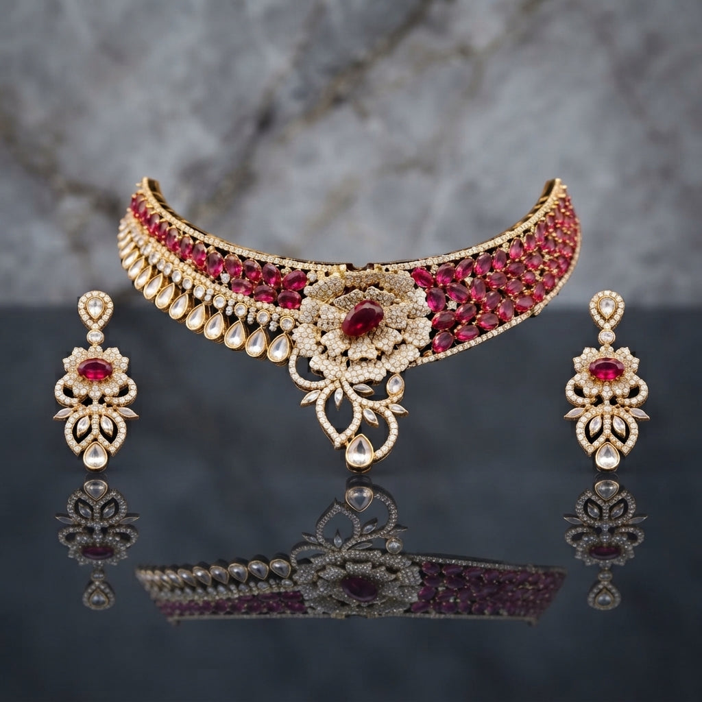 Gold CZ Floral Bloom Crescent Choker and Earrings Bridal Set in Ruby Red on dark grey mirror surface with marble backdrop showing wide crescent choker with dense rows of deep crimson red oval and marquise CZ stones white CZ pear teardrop fringe and large 3D sculptural floral bloom centre with scroll vine arabesque drop and matching 2-tier floral drop earrings with mirror reflection below