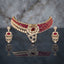 Gold CZ Floral Bloom Crescent Choker and Earrings Bridal Set in Ruby Red on dark grey mirror surface with marble backdrop showing wide crescent choker with dense rows of deep crimson red oval and marquise CZ stones white CZ pear teardrop fringe and large 3D sculptural floral bloom centre with scroll vine arabesque drop and matching 2-tier floral drop earrings with mirror reflection below