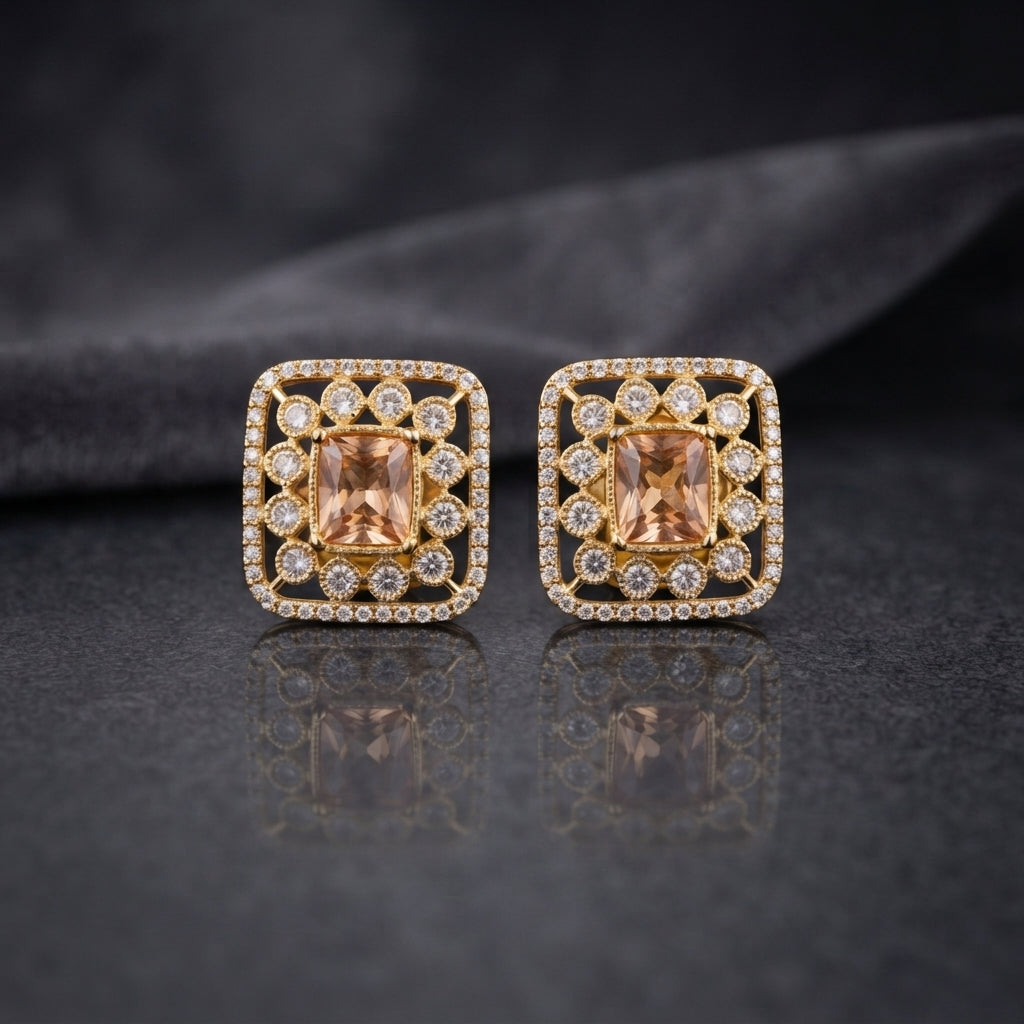 Gold CZ Open Filigree Rectangle Frame and Solitaire Stud Earrings in Mint Green worn by model with teal green outfit showing 22K gold-tone open rectangular filigree stud earring with mint green emerald-cut CZ centre on ear lifestyle shot