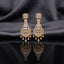 Gold CZ Princess Halo and Pear Chandelier Drop Earrings — 18-22K gold-tone bridal chandelier earrings with princess-cut white CZ square halo stud marquise butterfly connector large open Mughal arch teardrop frame in white CZ micro-pavé with pear CZ center and 5-drop pear CZ fringe displayed on dark black mirror surface with charcoal satin backdrop