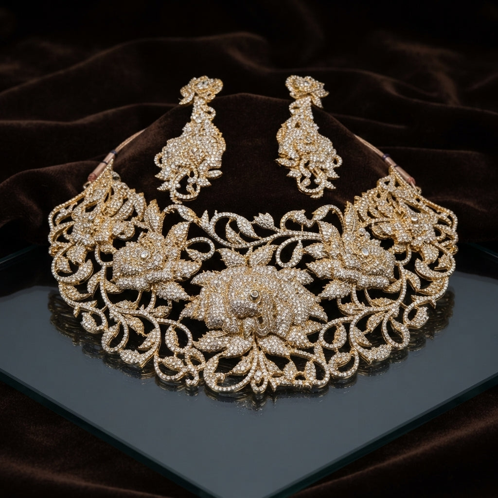Gold CZ All-Gold Rose Bloom Openwork Floral Bib Choker & Drop Earrings Grand Bridal Set on dark grey mirror surface with dark brown velvet drape backdrop