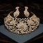 Gold CZ All-Gold Rose Bloom Openwork Floral Bib Choker & Drop Earrings Grand Bridal Set on dark grey mirror surface with dark brown velvet drape backdrop