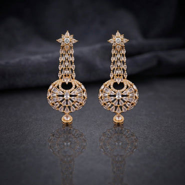 Gold CZ Star and Marquise Cascade Waterfall Sunburst Ball Globe Drop Earrings on dark slate surface with charcoal satin backdrop showing 22K gold-tone full length pair with 8-pointed marquise CZ star stud triple-strand cascade waterfall stem open-work sunburst ball globe and champagne CZ cabochon drop from alternate angle