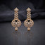 Gold CZ Star and Marquise Cascade Waterfall Sunburst Ball Globe Drop Earrings on dark slate surface with charcoal satin backdrop showing 22K gold-tone full length pair with 8-pointed marquise CZ star stud triple-strand cascade waterfall stem open-work sunburst ball globe and champagne CZ cabochon drop from alternate angle