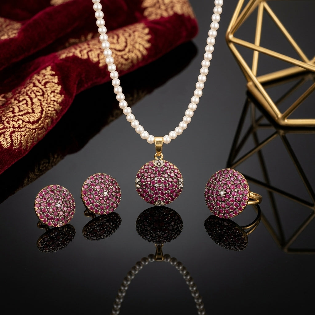 Gold-Tone 3D Dome Ball Pavé Ruby Red CZ Pearl Chain Necklace, Earrings & Ring Jewelry Set on black reflective surface with crimson velvet brocade fabric and gold geometric frame backdrop