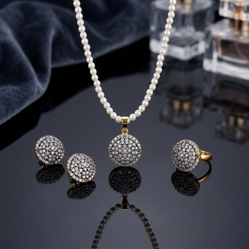 Gold-Tone 3D Dome Ball Pavé White CZ Pearl Chain Necklace, Earrings & Ring Jewelry Set on black reflective surface with navy blue silk fabric and crystal perfume bottle backdrop