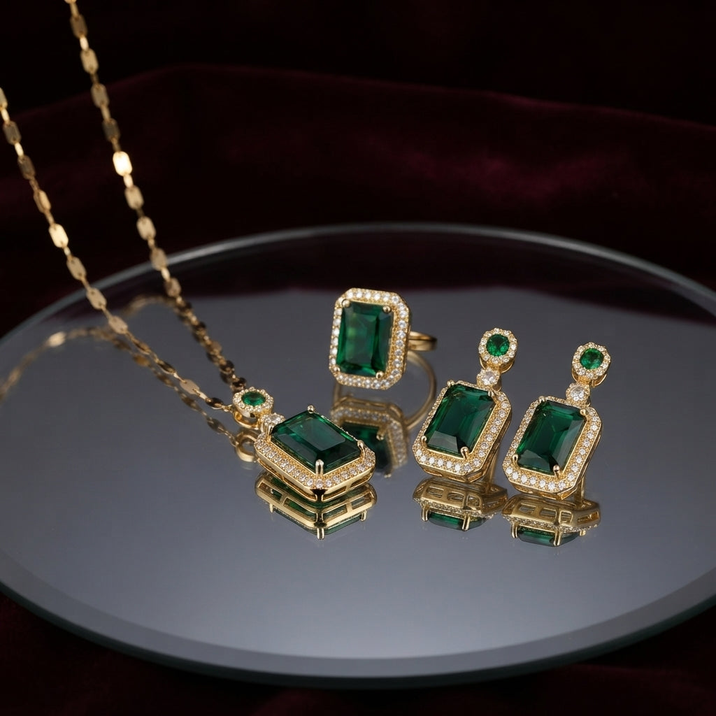 Gold Emerald Rectangle CZ Double Halo Jewelry Set — 3-piece matching set of pendant necklace, drop earrings and cocktail ring each with large deep vivid emerald green rectangle CZ in double round white CZ micro-pavé halo on 22K gold, luxury flat-lay on round mirror tray with burgundy velvet backdrop