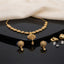 Gold Filigree Round Station Necklace and Square Drop Earrings Set with CZ Floral Centers — 22K antique gold-tone 2-piece set with alternating round open filigree lattice station necklace with CZ flower connectors large filigree dome pendant with 3D gold floral rosette and diamond drop and matching round filigree square drop earrings displayed on dark black plate with cream linen backdrop gold nuggets and loose CZ props