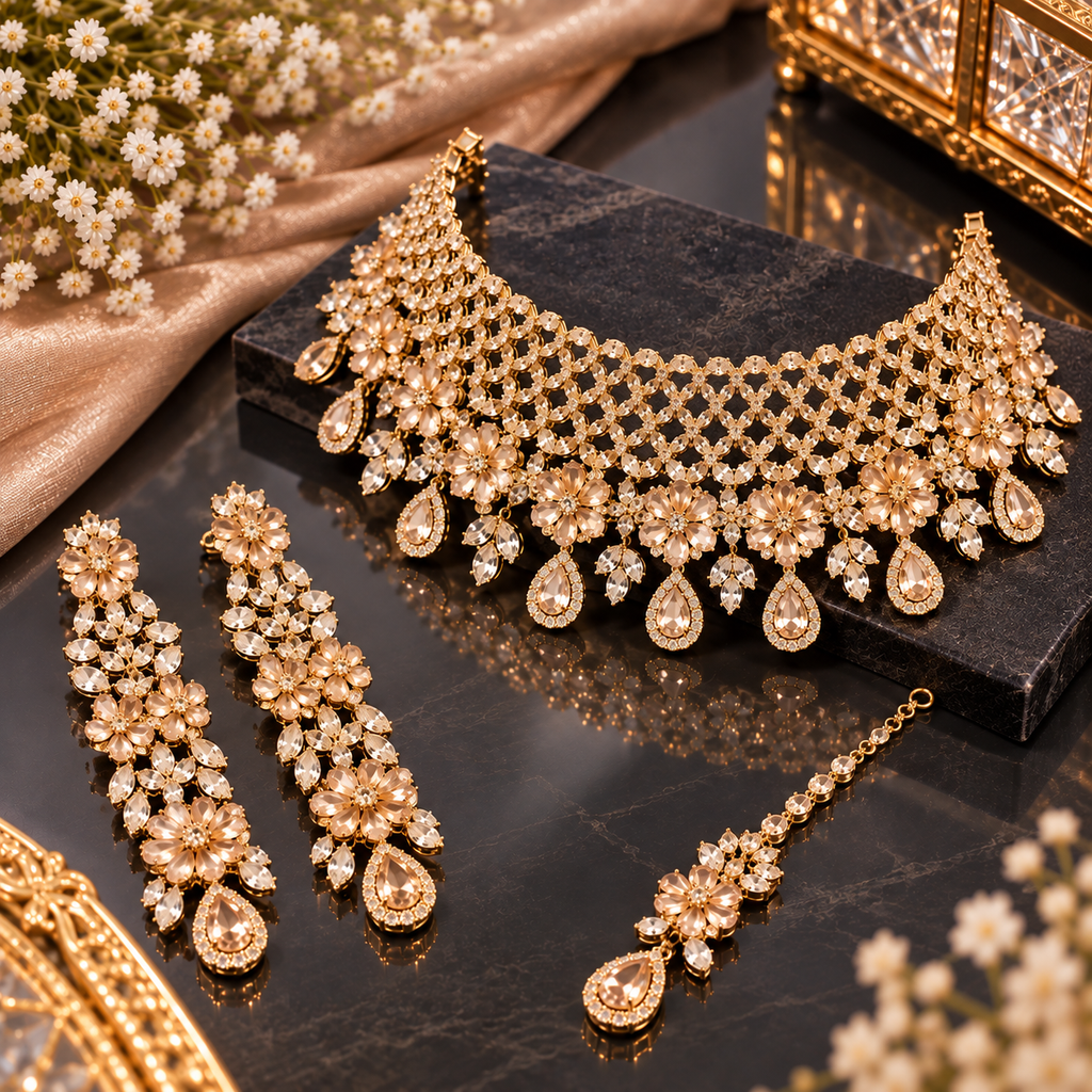 Champagne-tone floral choker necklace set with matching earrings and maang tikka.