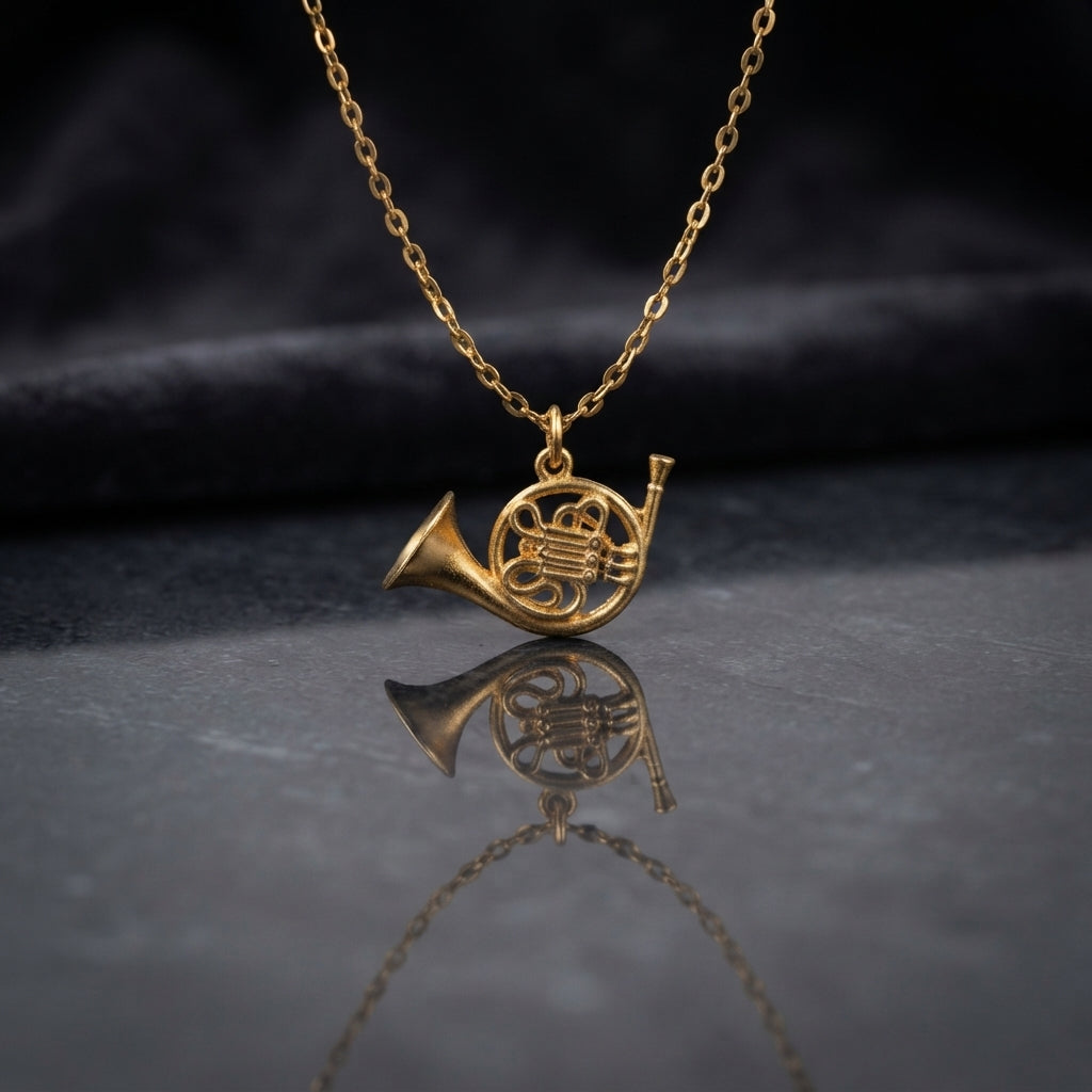 Gold French Horn Music Charm Pendant Necklace flat lay on grey reflective mirror surface with dark navy charcoal satin backdrop showing fine gold cable chain with highly detailed 3D miniature French horn musical instrument charm in matte satin gold tone finish with etched rotary valve detail and mirror reflection below