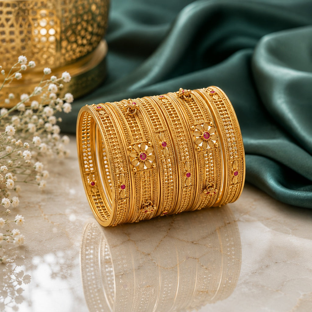 Gold-Tone Granule Filigree & Ruby CZ Floral Bridal Bangle Set of 8 stacked on marble surface with gold lantern, green silk fabric and baby's breath flowers backdrop