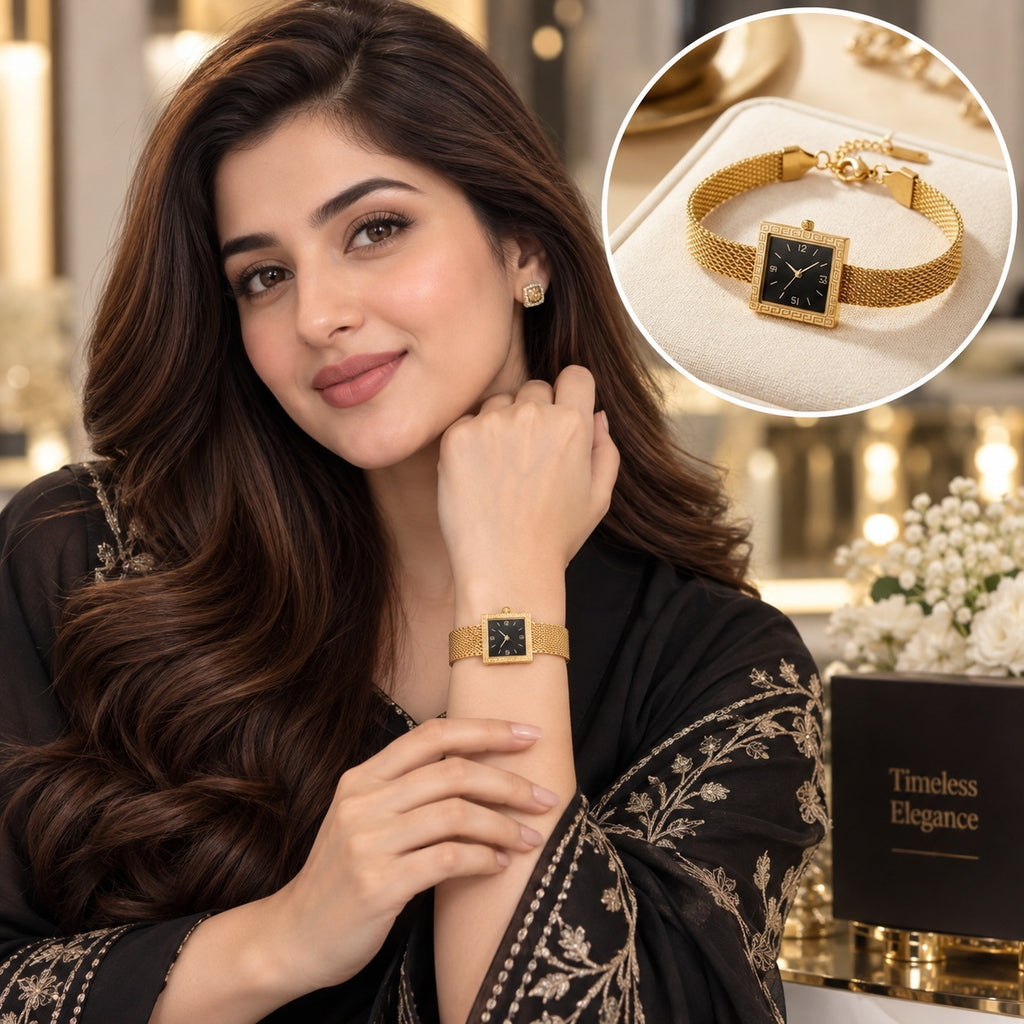 Gold Greek Key Square Dial Watch-Style Mesh Bracelet composite image showing Pakistani female model in black embroidered lawn suit wearing gold mesh bracelet with square Greek key bezel watch-face on wrist with top right inset product flat lay on white velvet showing full bracelet with lobster clasp and extension chain