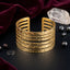 Gold-Tone Hammered Texture 5-Row Open Slot Cuff Wide Statement Bracelet on black mirror surface with white crystal quartz and scattered hematite stones with burgundy velvet backdrop