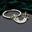 Gold Kundan Lotus Pearl Hath Phool Hand Harness Bracelet Ring in White Ivory variant flat lay on dark navy velvet backdrop showing single strand fine pearl bracelet with white kundan lotus focal and 3 parallel seed pearl strands to adjustable finger ring with pearl drops in antique gold tone with mirror reflection