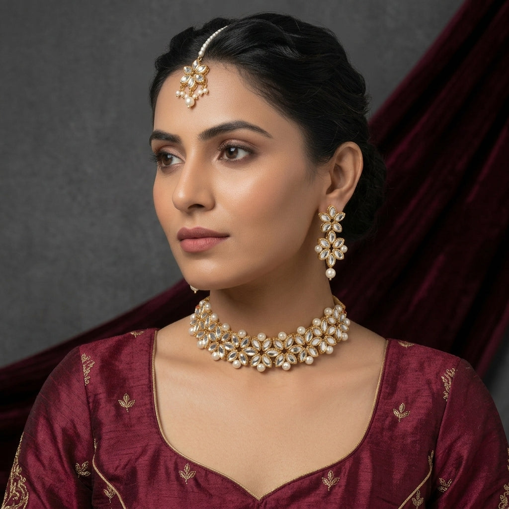 Gold-Tone Kundan Marquise & Pearl Choker, Earrings & Maang Tikka Bridal Set worn on South Asian female model in deep maroon embroidered silk dress with burgundy velvet curtain backdrop