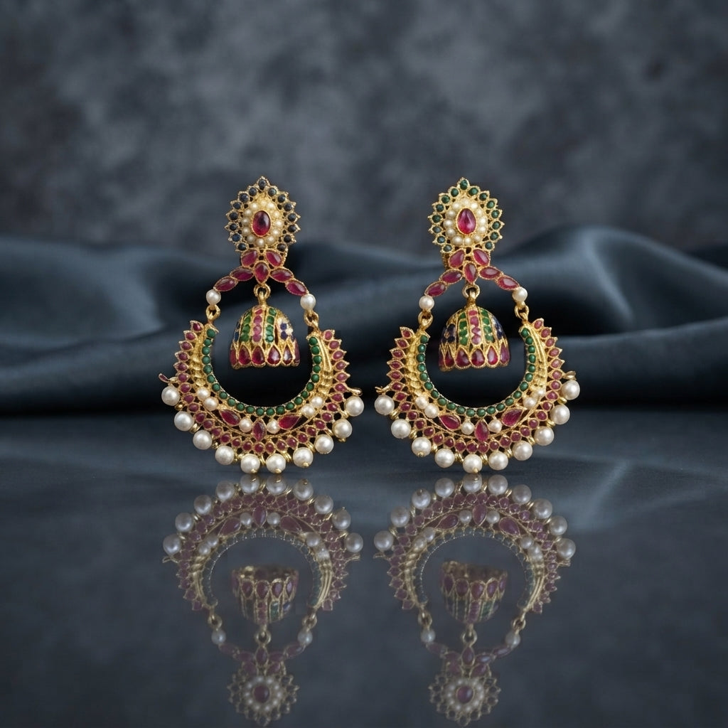 Gold Kundan Meenakari Chandbali Jhumka Earrings in ruby red and emerald green pair on dark mirror surface with grey silk backdrop showing 22K antique gold-tone oval floral Kundan stud with large crescent chandbali frame set with alternating ruby-red and emerald-green teardrop Kundan stones with domed Meenakari jhumka bell and full row of lustrous white pearl drops fringe with mirror reflection below