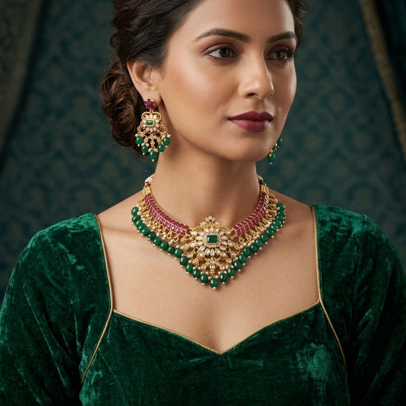 Gold Kundan Polki Ruby Emerald Pearl Choker Necklace Earrings Bridal Set — model wearing 22K antique gold ruby emerald kundan polki choker necklace and matching chandelier earrings, teal damask backdrop in Mughal heritage editorial setting