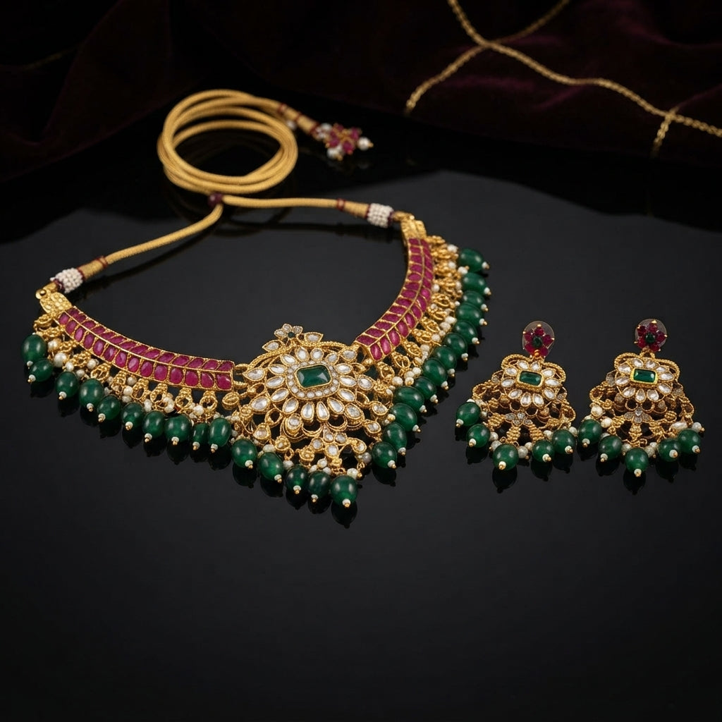 Gold Kundan Polki Ruby Emerald Pearl Choker Necklace Earrings Bridal Set — flat-lay of 22K antique gold-tone 2-piece bridal set: ruby channel choker with kundan polki lotus medallion center, emerald bead and seed pearl fringe drops, and matching chandelier earrings, on black mirror surface with burgundy velvet backdrop