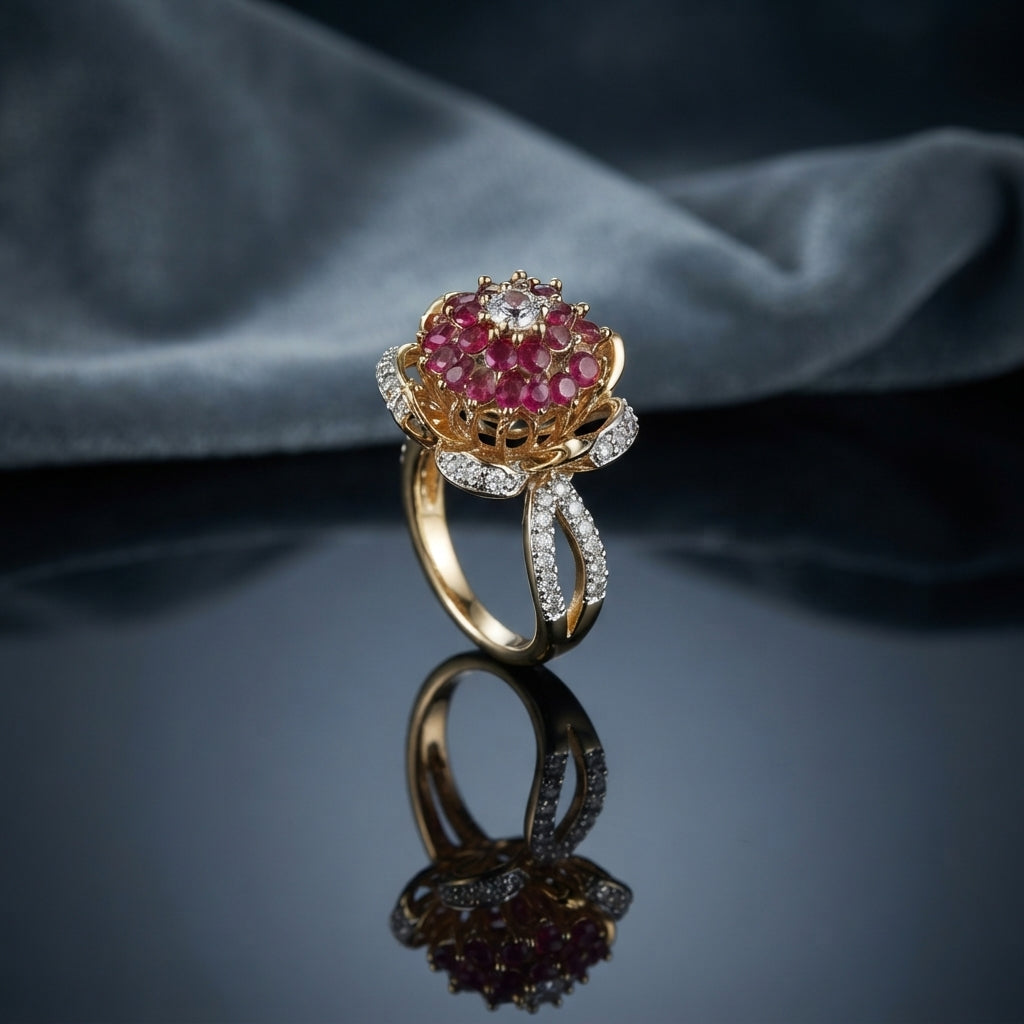 Gold Lotus Flower Cluster CZ Dome Cocktail Ring in Ruby Red — 22K gold-tone lotus flower basket ring with dense ruby-red CZ dome cluster crown, white CZ center accent, white CZ pavé petal halo, and split pavé shank, on dark mirror surface with grey silk backdrop