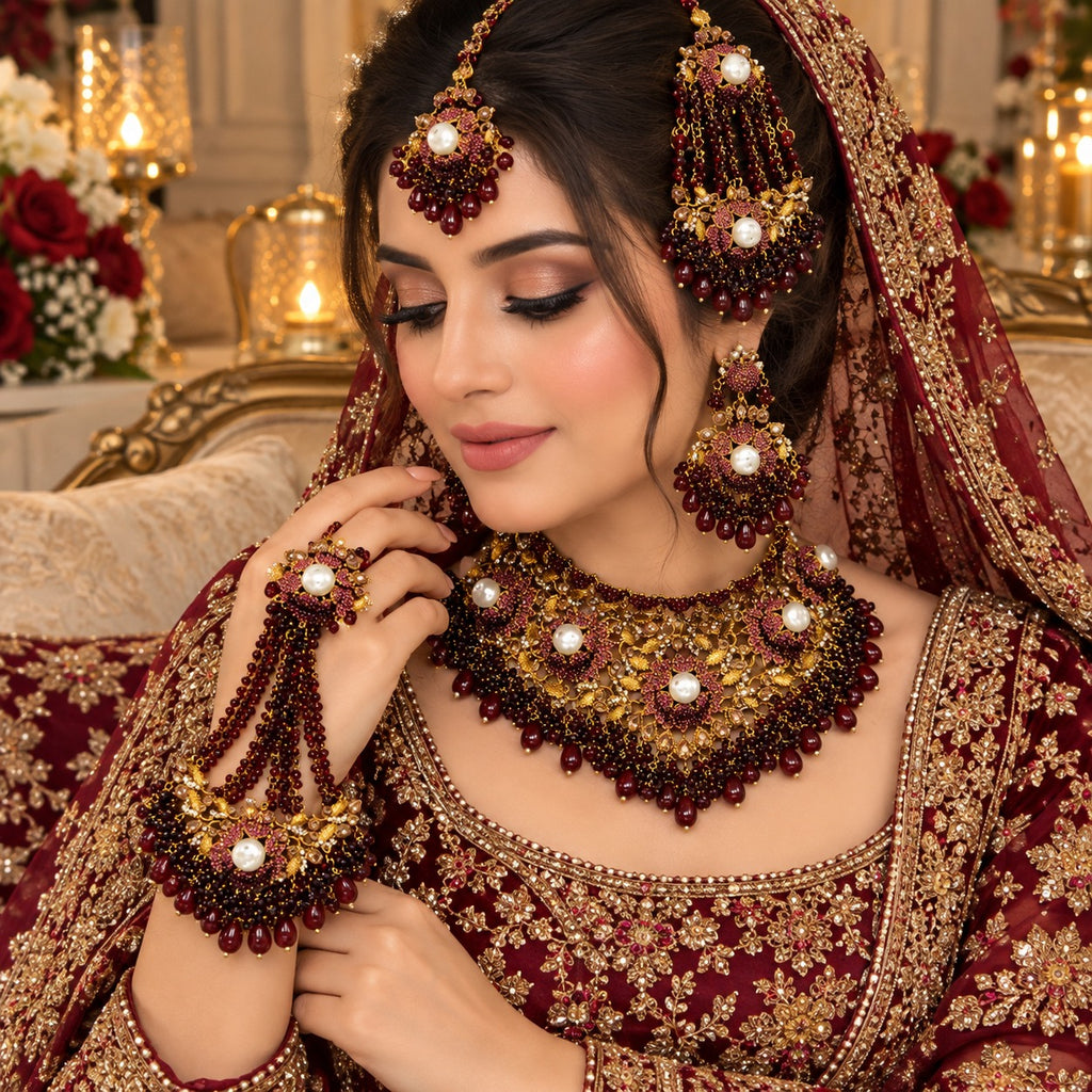 Gold Maroon Ruby Bead and Pearl Kundan Floral Grand Bridal Jewelry Set worn by Pakistani bride in burgundy lehenga showing complete 6-7 piece bridal set with double-layer necklace chandelier earrings maang tikka passa bracelet and haath phool in candlelit roses editorial setting