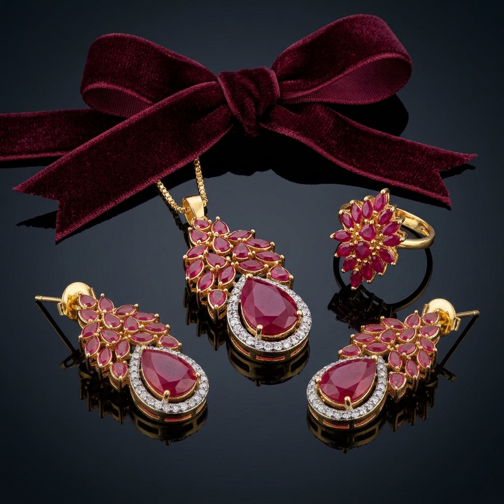 Gold-Tone Marquise & Pear CZ Sunburst Floral Crown Pavé Halo Pendant Necklace Earrings & Ring Jewelry Set in Ruby Red on dark mirror surface with burgundy velvet bow ribbon backdrop
