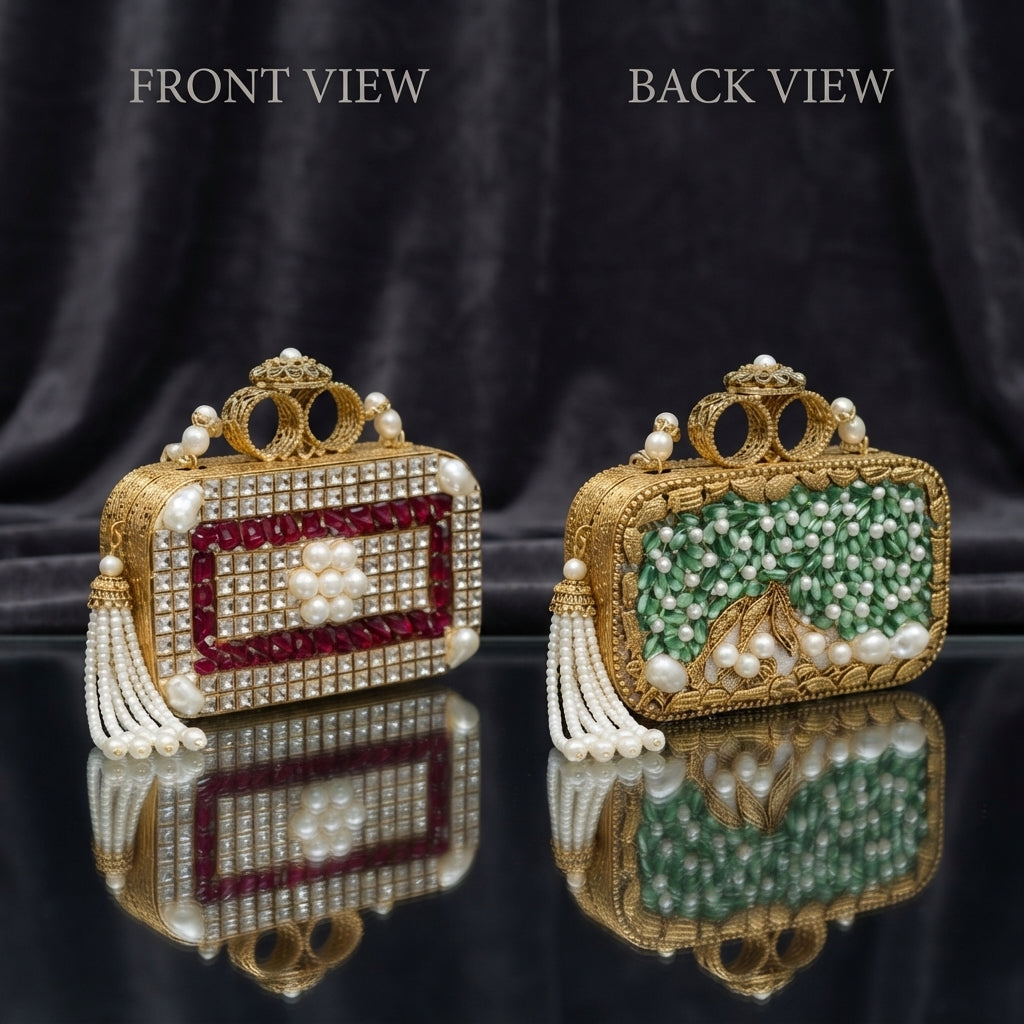 Gold Mughal Minaudère Rectangular Crystal Ruby Baguette Pearl Knuckle Clutch — front: dense crystal tile field with ruby baguette horizontal band, pearl cluster center, pearl side studs, pearl tassel; back: sage green silk pearl embroidery with gold leaf motif and baroque pearls; dark silk backdrop with mirror reflection