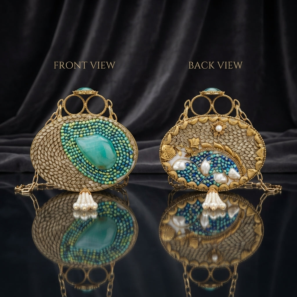 Gold Mughal Minaudère Round Teal Peacock Bead Amazonite Pearl Clutch Bag — front: gold zardozi leaf-scale border, dense iridescent teal peacock bead field, large pale mint amazonite freeform pear cabochon center; back: gold zardozi tile field, navy blue bead crescent arc, baroque pearls, gold botanical vine; dark silk backdrop with mirror reflection