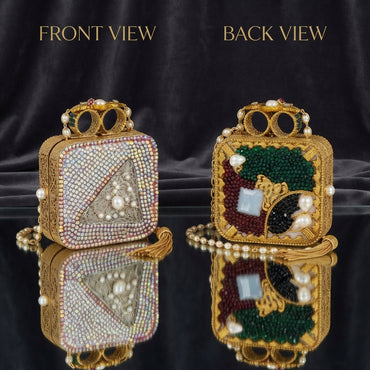 Gold Mughal Minaudère Square AB Crystal Zardozi Pearl Clutch Bag — front: iridescent AB crystal mosaic with gold zardozi triangle filigree and pearl cluster; back: emerald, burgundy and black seed bead patchwork with aqua CZ center and baroque pearls; dark silk backdrop with mirror reflection