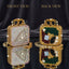 Gold Mughal Minaudère Square AB Crystal Zardozi Pearl Clutch Bag — front: iridescent AB crystal mosaic with gold zardozi triangle filigree and pearl cluster; back: emerald, burgundy and black seed bead patchwork with aqua CZ center and baroque pearls; dark silk backdrop with mirror reflection