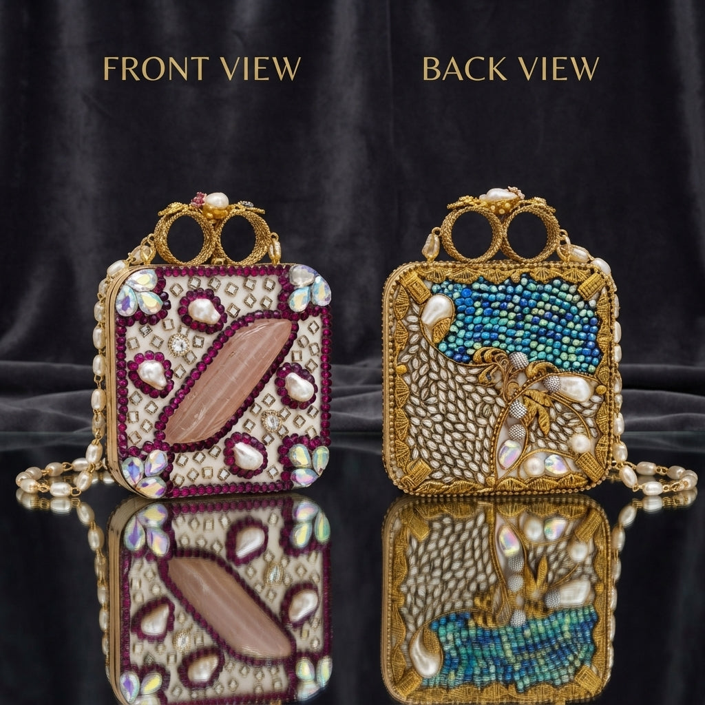 Gold Mughal Minaudère Square Kundan Rose Quartz Baroque Pearl AB Crystal Clutch — front: ivory kundan diamond grid with ruby bead border, baroque pearls, AB crystal drops, blush rose quartz oval center; back: teal bead upper panel, gold zardozi net lattice, botanical motif, baroque pearls; dark silk backdrop