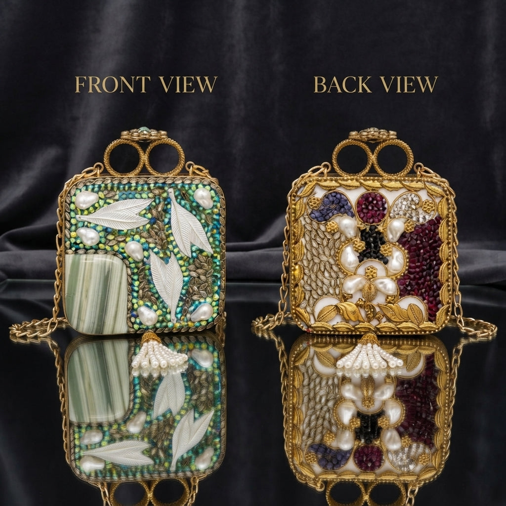 Gold Mughal Minaudère Square Teal Bead MOP Feather Green Onyx Baroque Pearl Clutch — front: iridescent teal AB bead field, white MOP carved feathers, baroque pearls, green onyx slab center; back: gold zardozi net lattice, ruby bead panel, navy cabochon, MOP flower, baroque pearls; dark silk backdrop